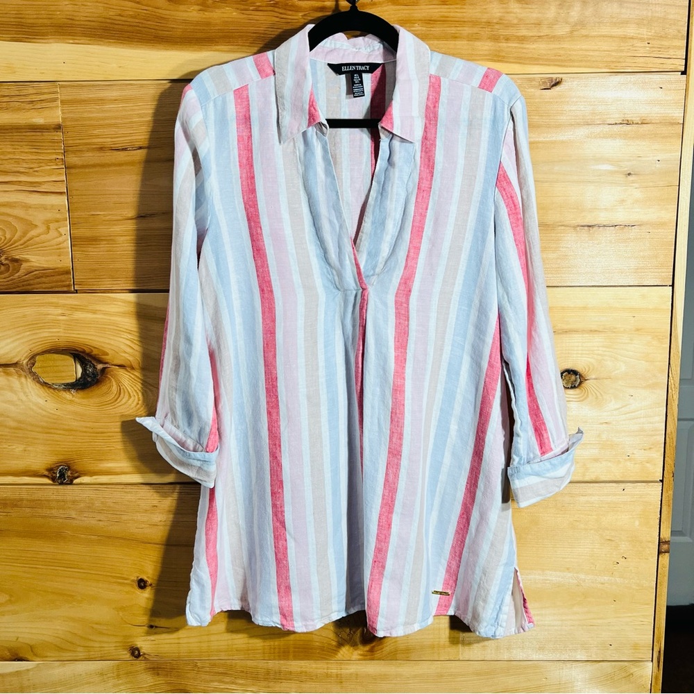 Ellen Tracy Multicolor Striped Linen Tunic Cabincore Natural Fibers Luxury